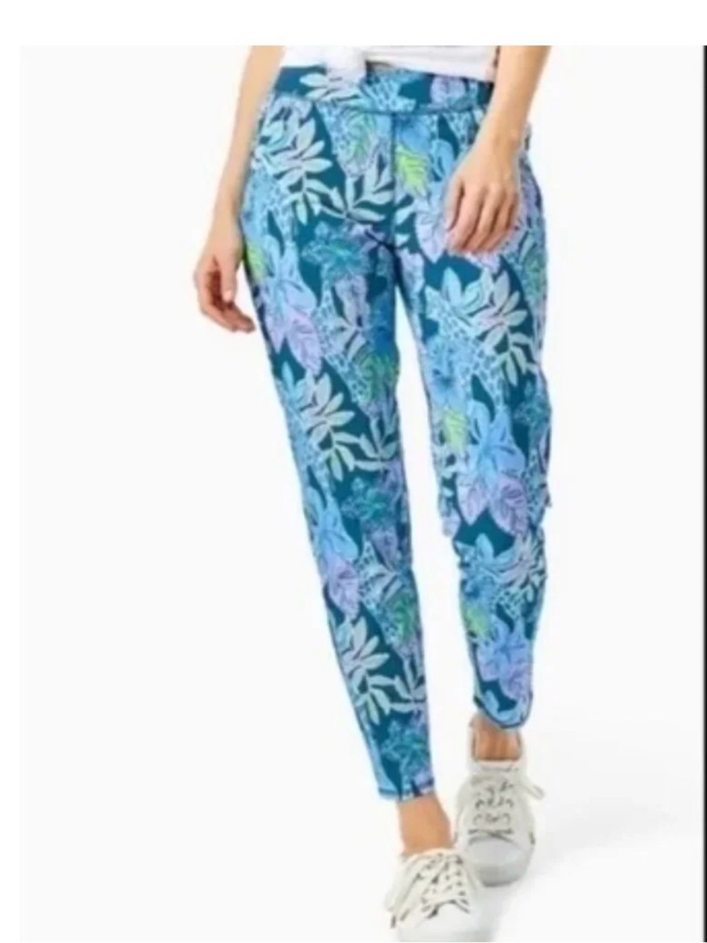 Lilly Pulitzer Run Around Luxletic Pants in Macaw Blue Tell Me About It print